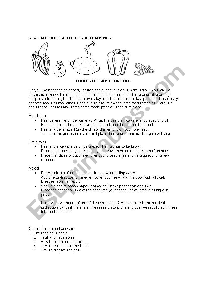 Food and house remedies worksheet