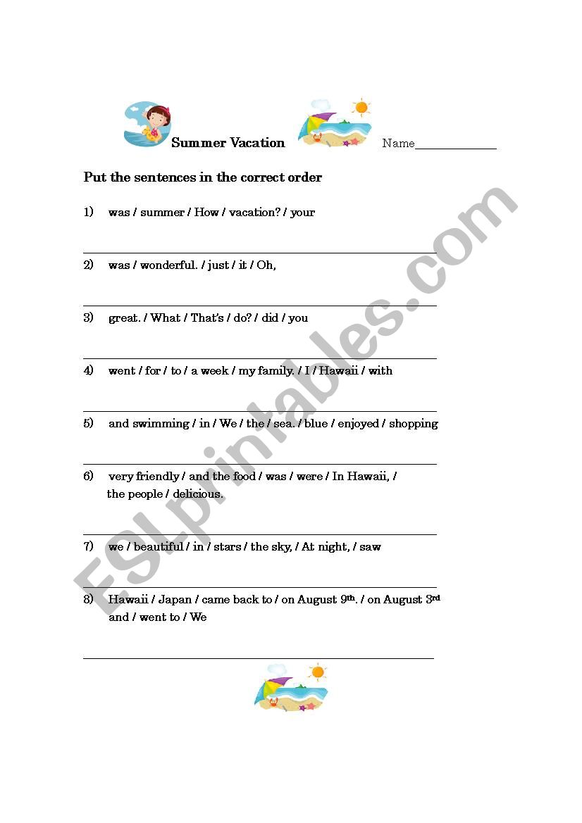 Summer sentences worksheet