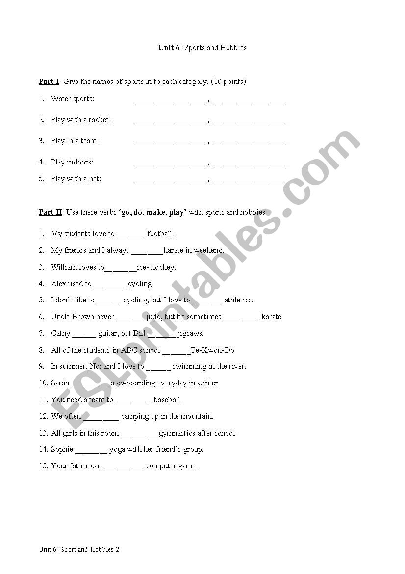 sports and verb for sports worksheet