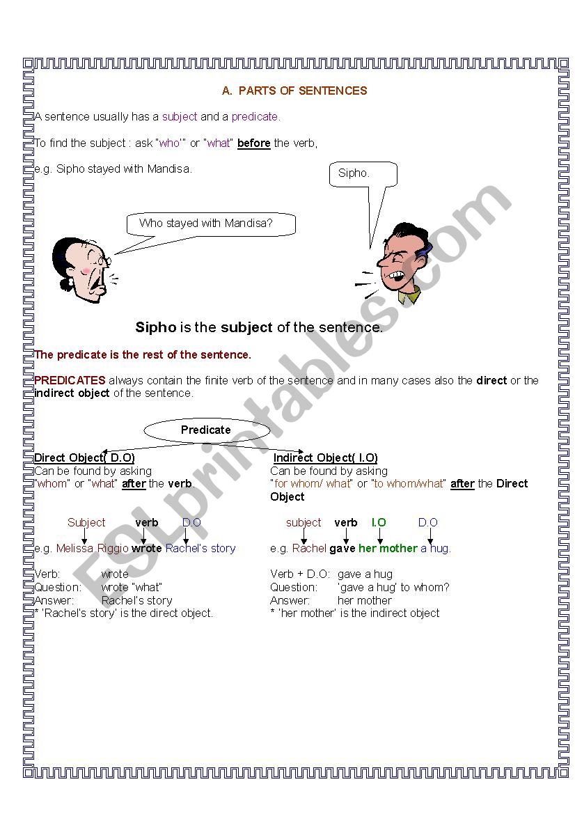 PARTS OF SENTENCES worksheet