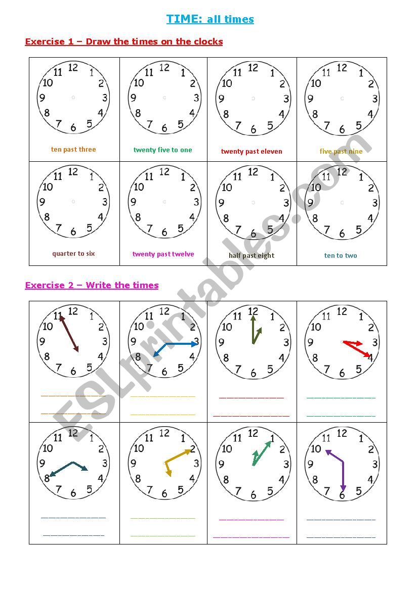 Time: all clock times worksheet
