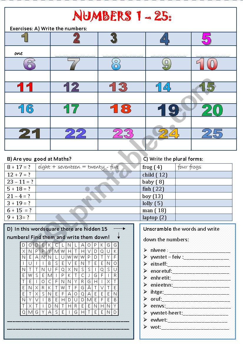 Numbers 1 - 25 worksheet