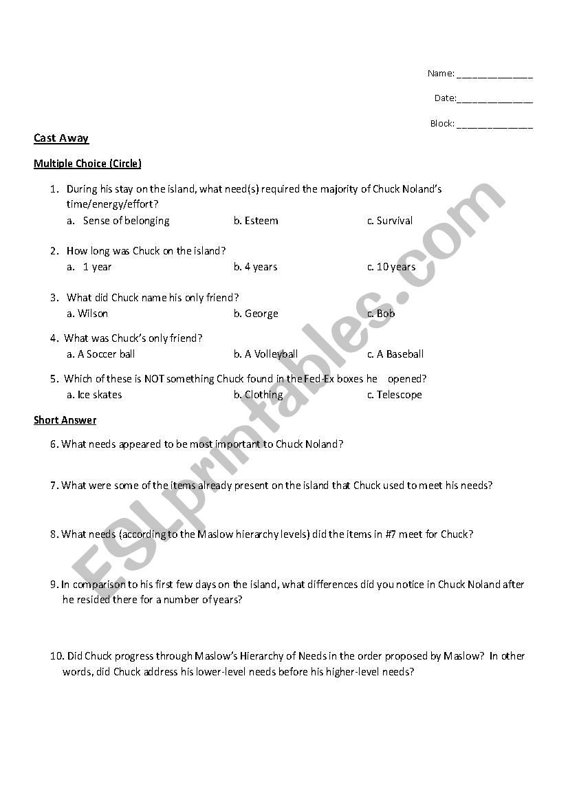 Castaway worksheet