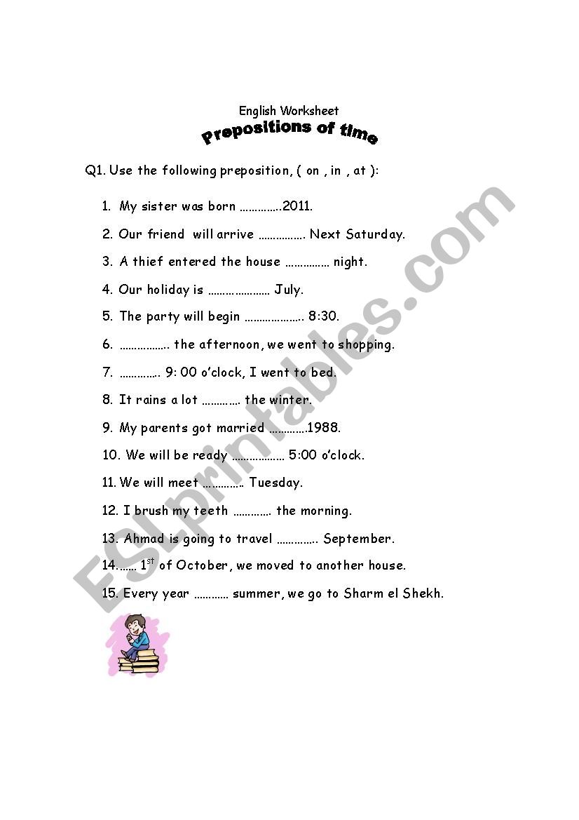 prepositions of time  worksheet
