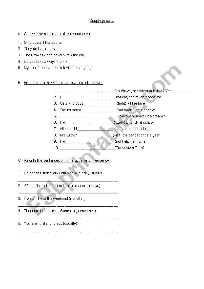 Simple present exercisas worksheet