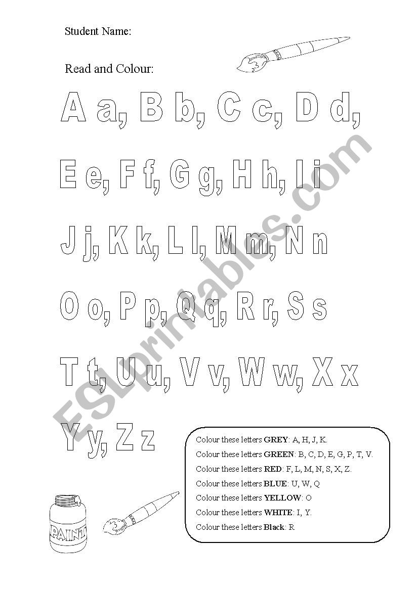 Read and color the alphabet worksheet