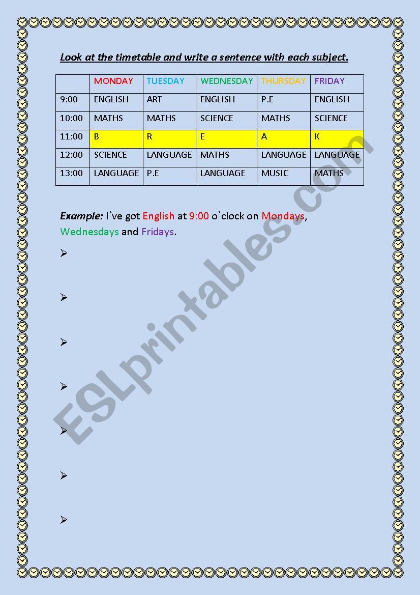 Timetable worksheet