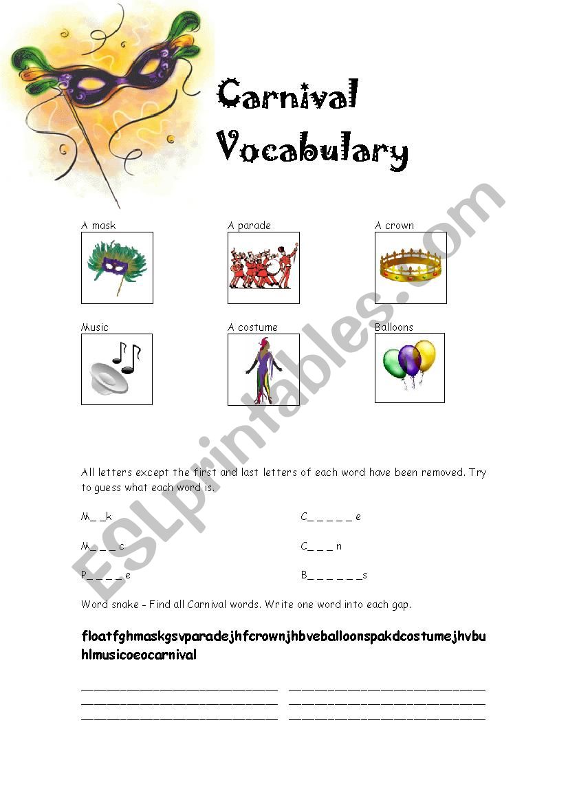 Carnival Vocabulary - ESL worksheet by raquelvitorino_uc