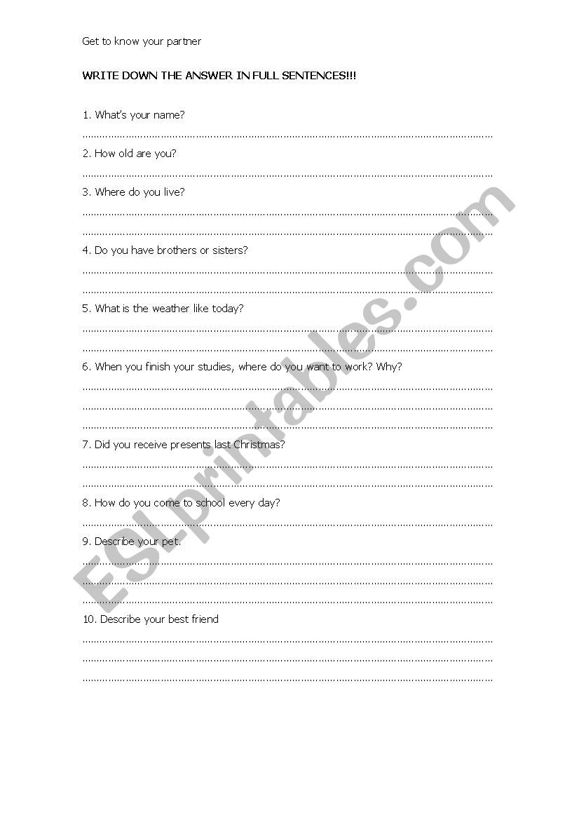 Get to Know your partner worksheet