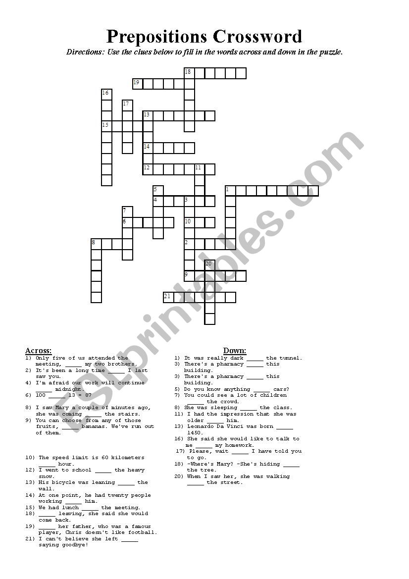 Crossword - Prepositions worksheet