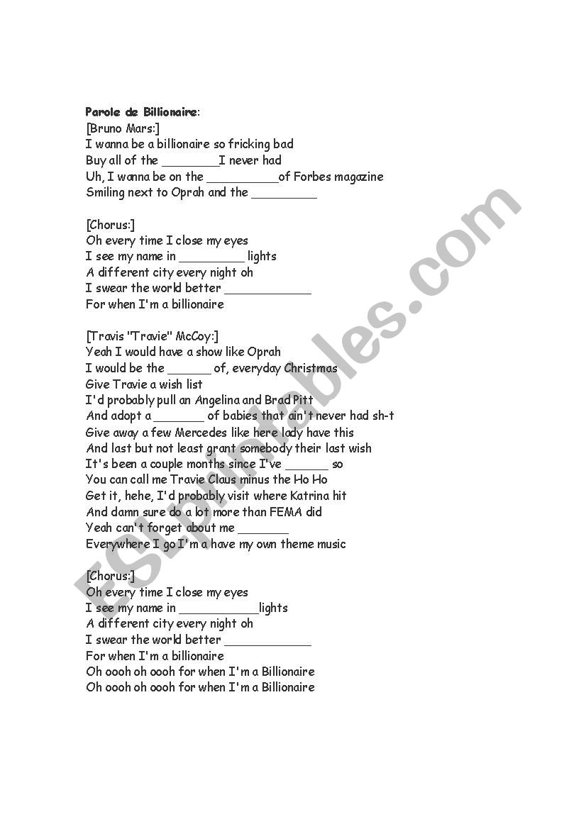 Bruno Mars Song- Billionaire worksheet