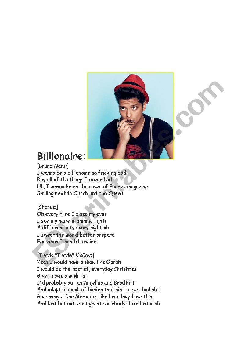 Bruno Mars Song Billionaire Esl Worksheet By Brigittebbb Bruno Mars Song Billionaire Esl Worksheet By Brigittebbb