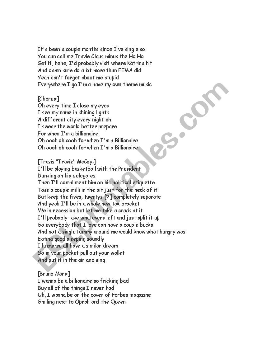 Bruno Mars Song Billionaire Esl Worksheet By Brigittebbb Bruno Mars Song Billionaire Esl Worksheet By Brigittebbb