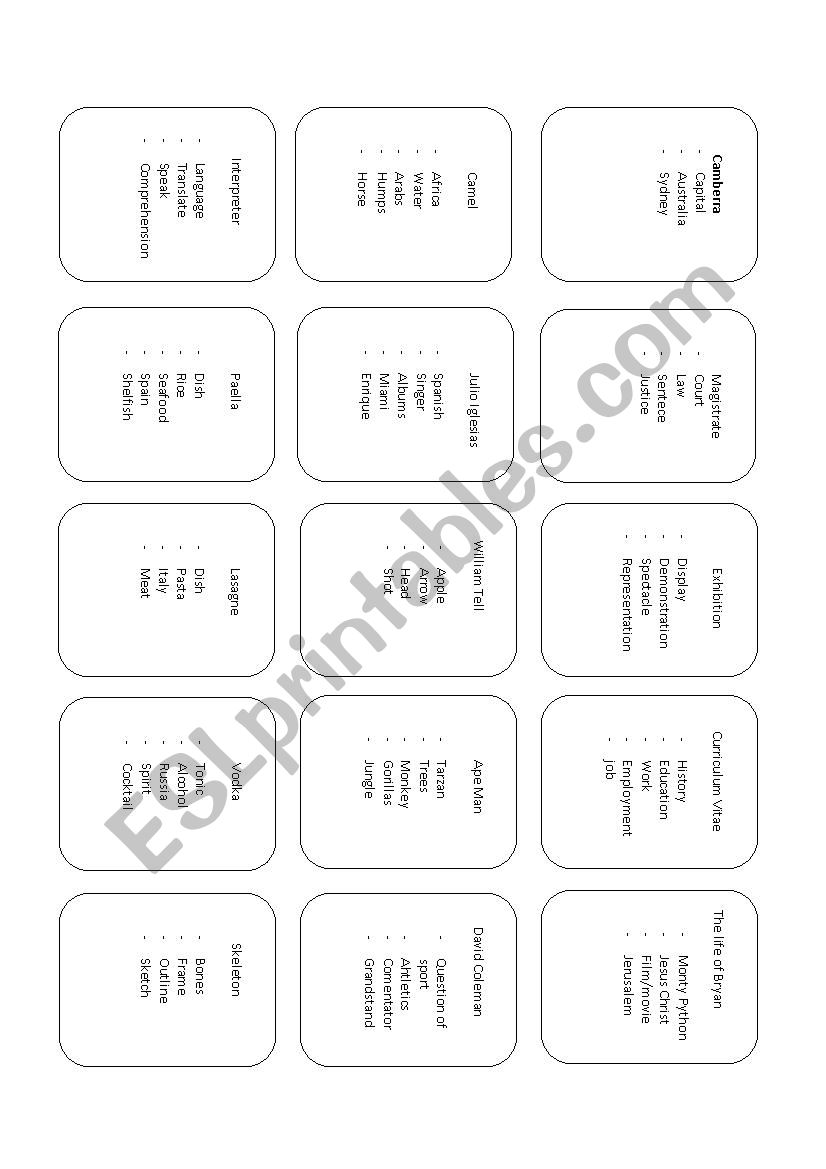 Taboo worksheet