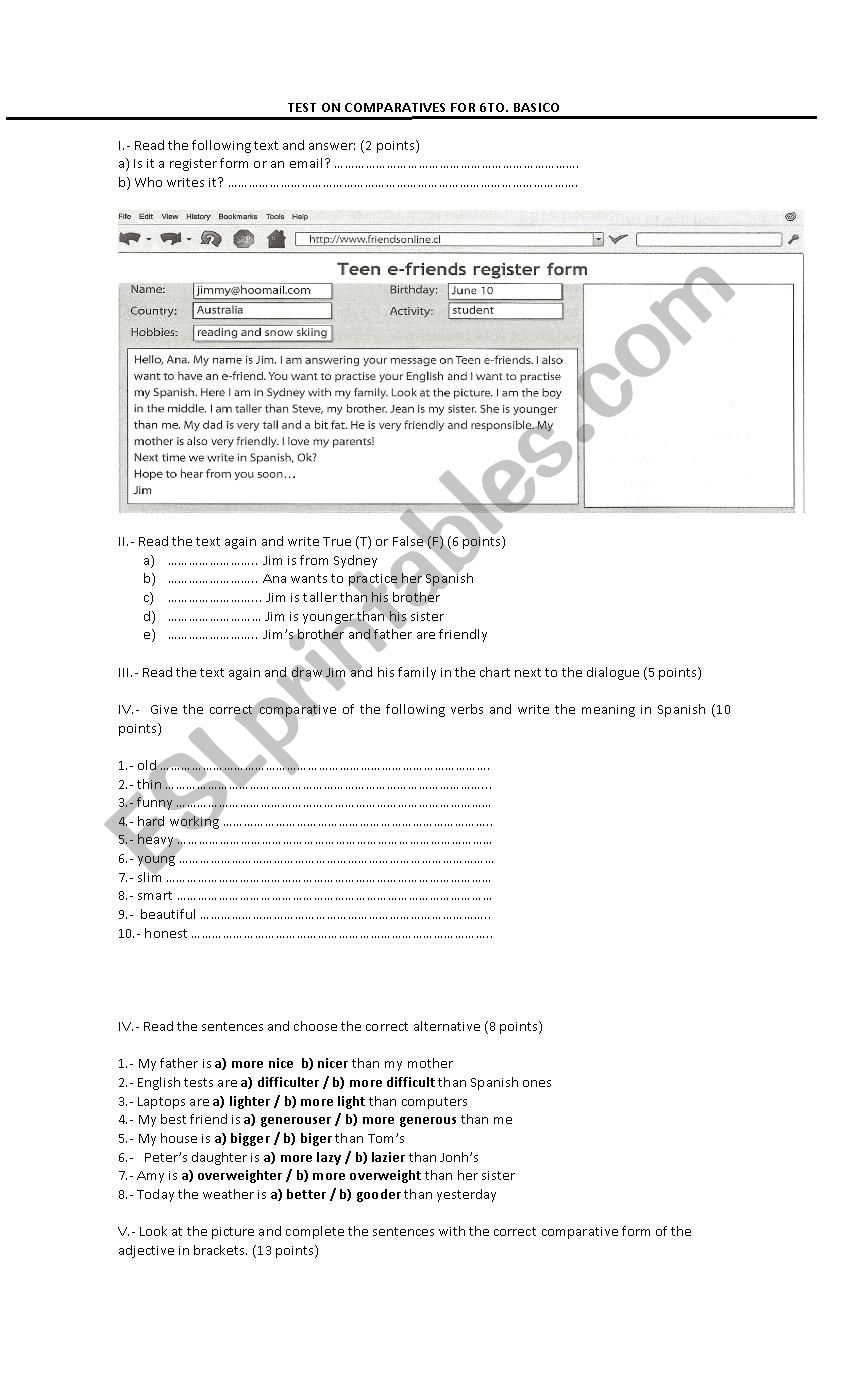 Comparative test worksheet