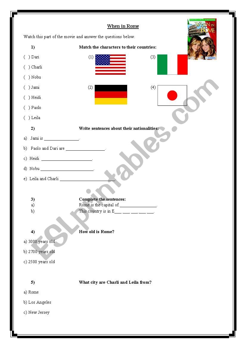 Movie activity - When in Rome worksheet