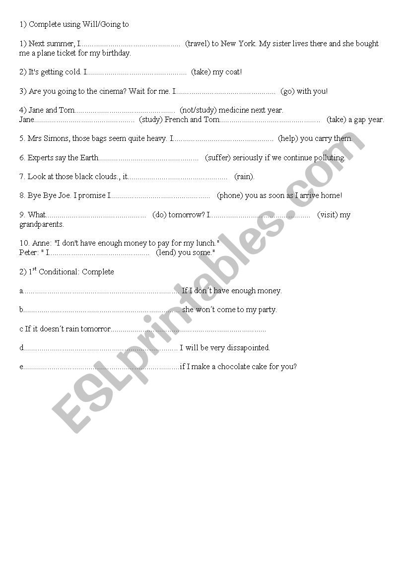 will Vs Going to worksheet