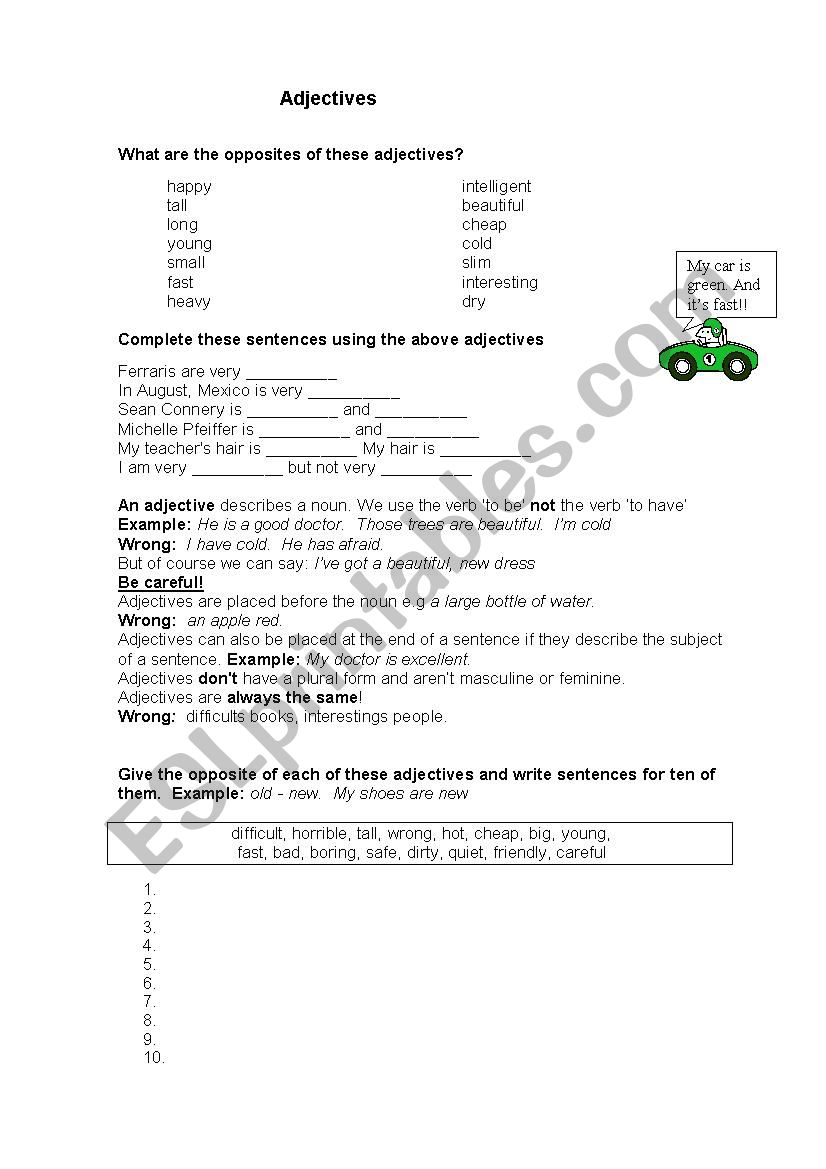 Adjectives and opposites worksheet