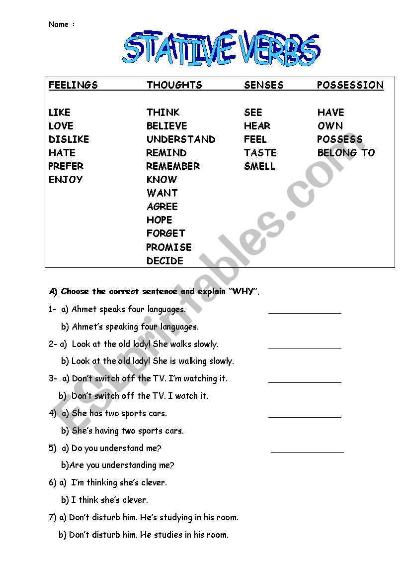 stative verbs worksheet