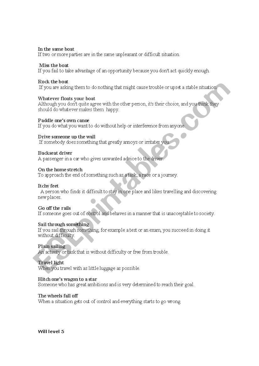 Transport idioms worksheet