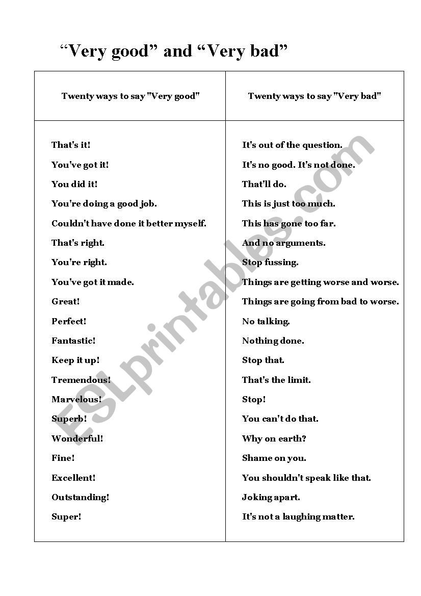 Very Good and Very Bad worksheet