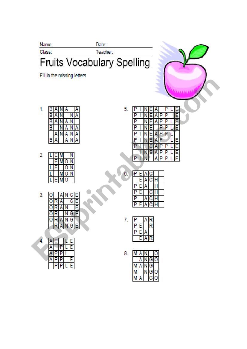 Fruits Vocabulary Spelling worksheet