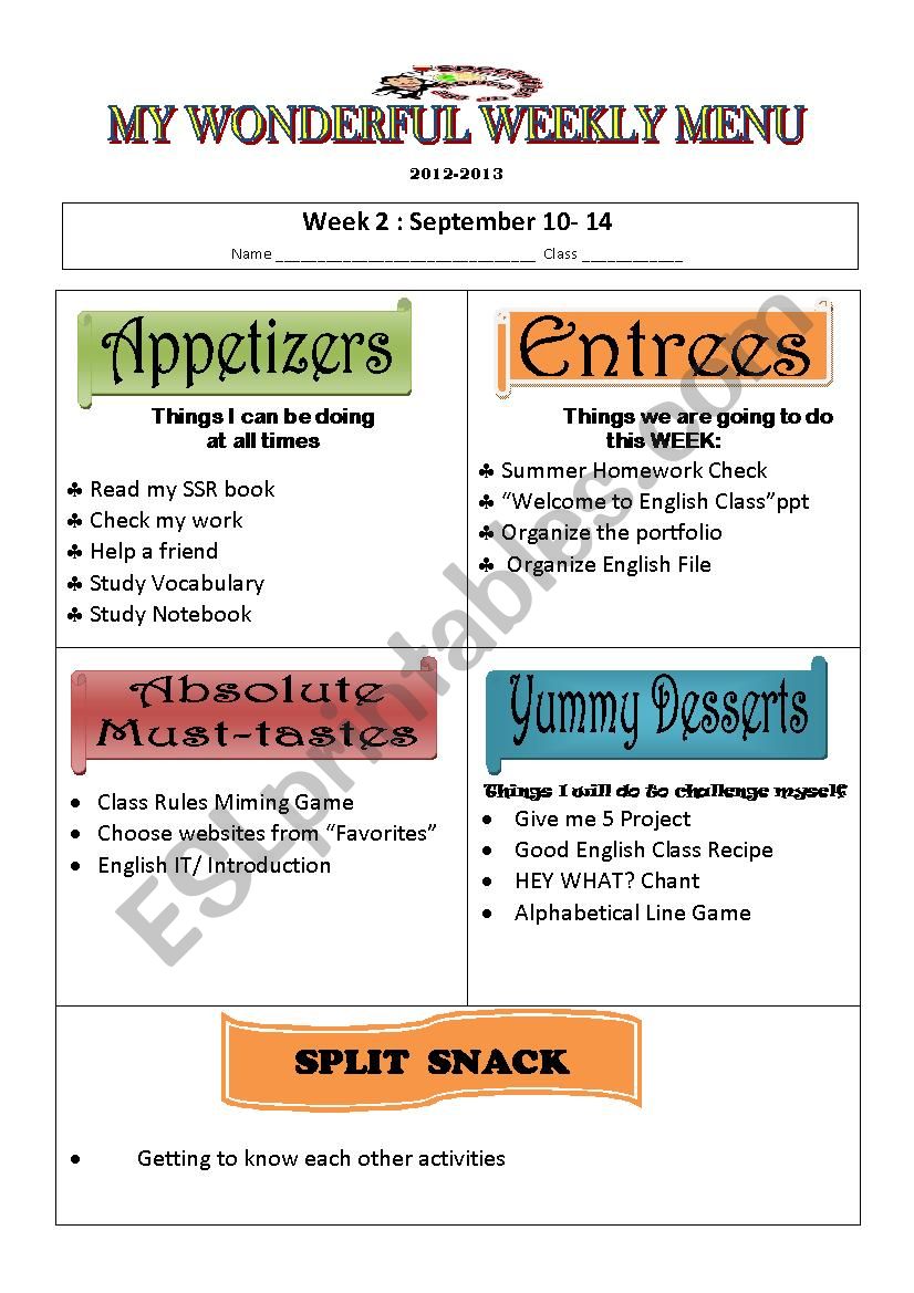 My Wonderful Weekly Menu worksheet