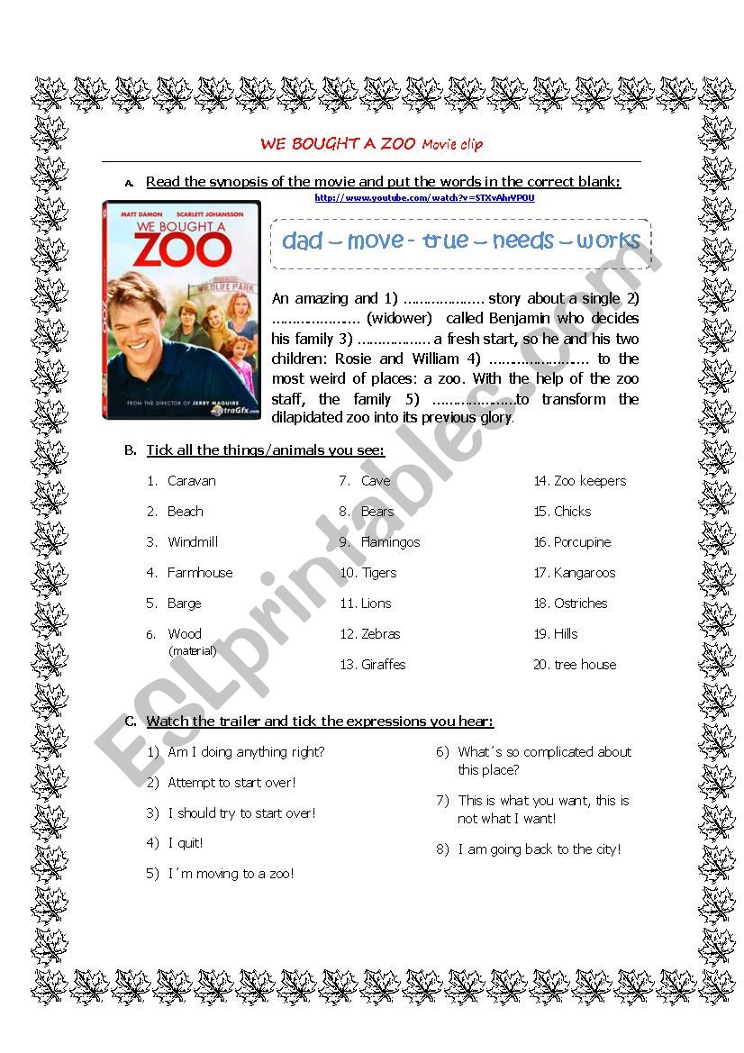 We bought a zoo movie trailer worksheet