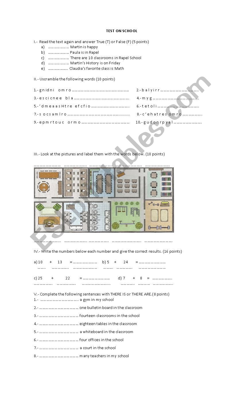 Test on school worksheet