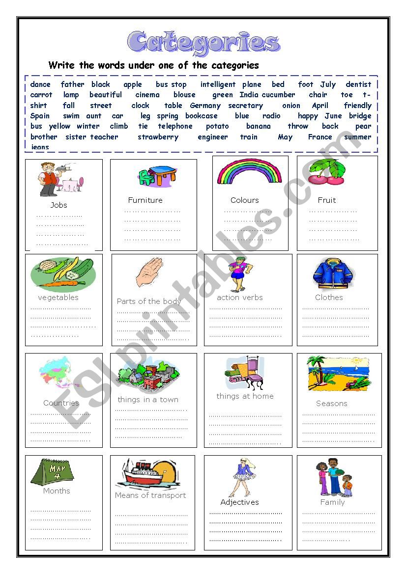 Categories worksheet