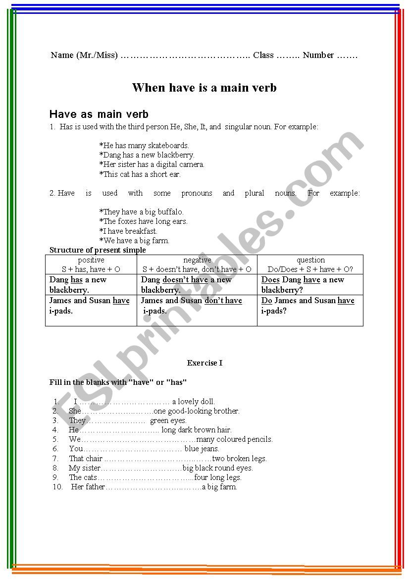 When have is a main verb worksheet
