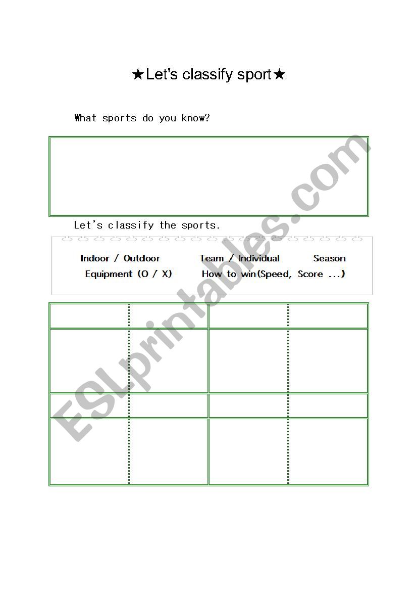 Lets classify sports worksheet