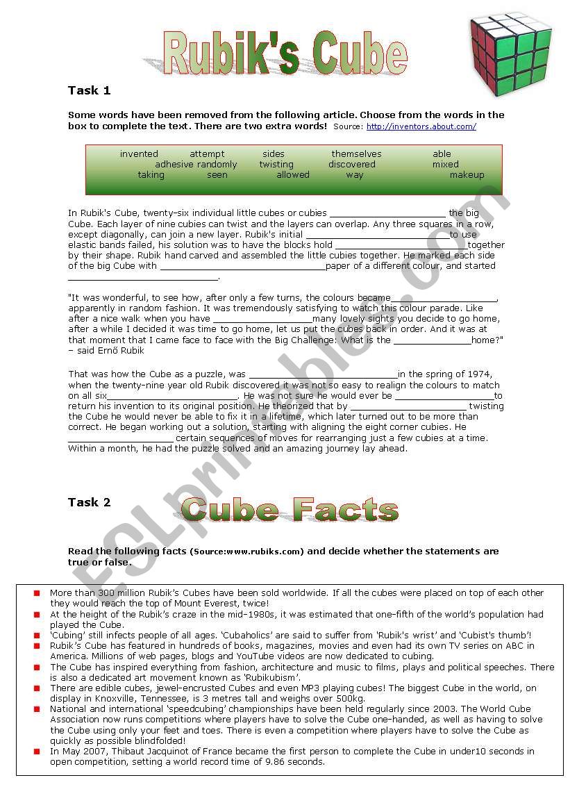 Rubiks Cube worksheet