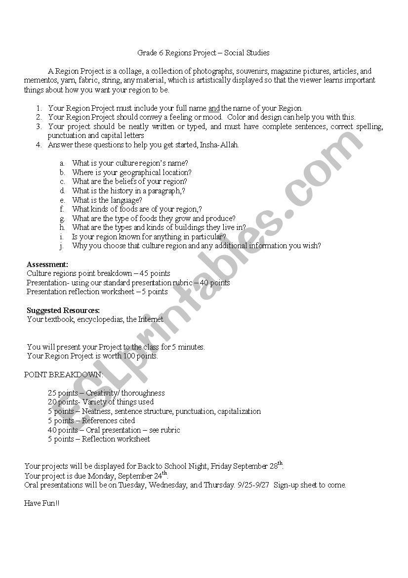 Regions Project- Grade 6 worksheet