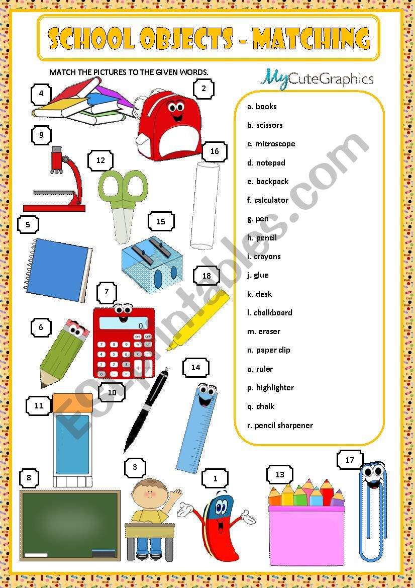 SCHOOL OBJECTS - MATCHING worksheet