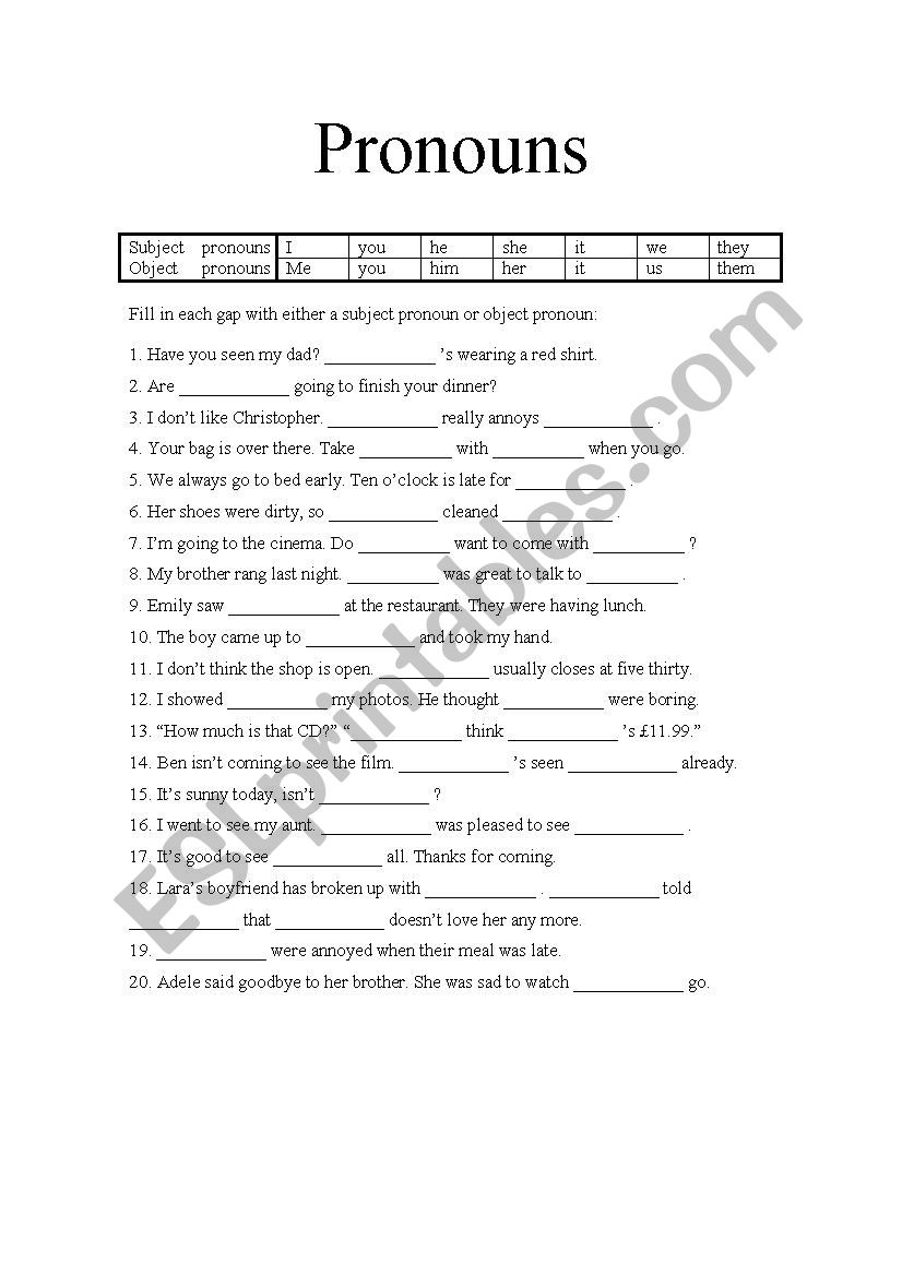 Subject/Object Pronouns worksheet