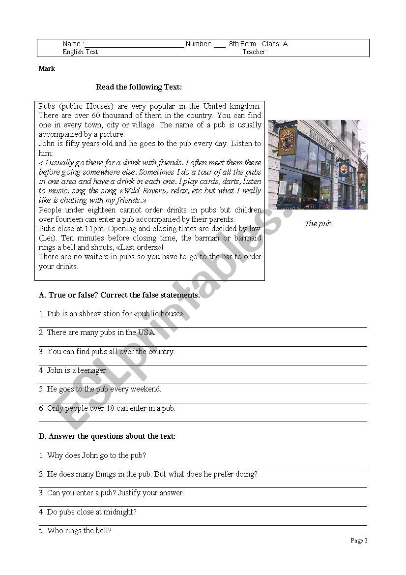 Test about English culture  with correction key