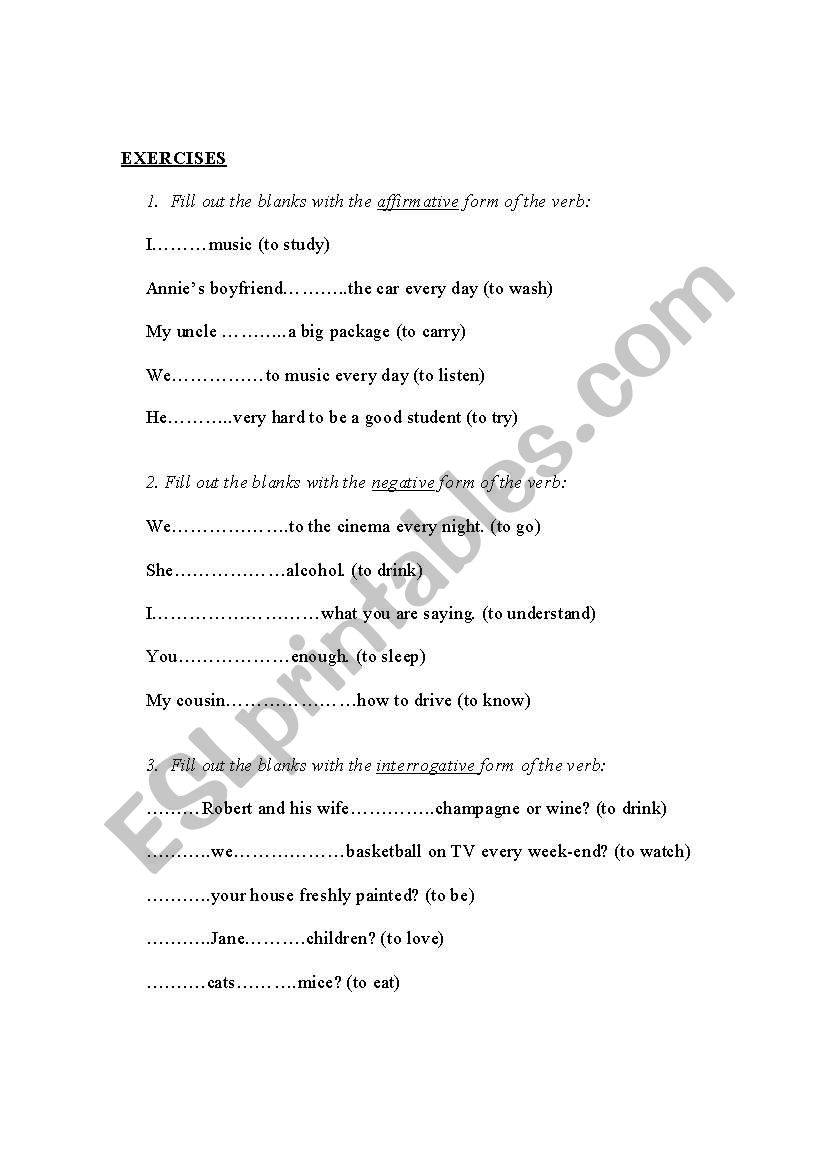 SP Present Tense exercises worksheet