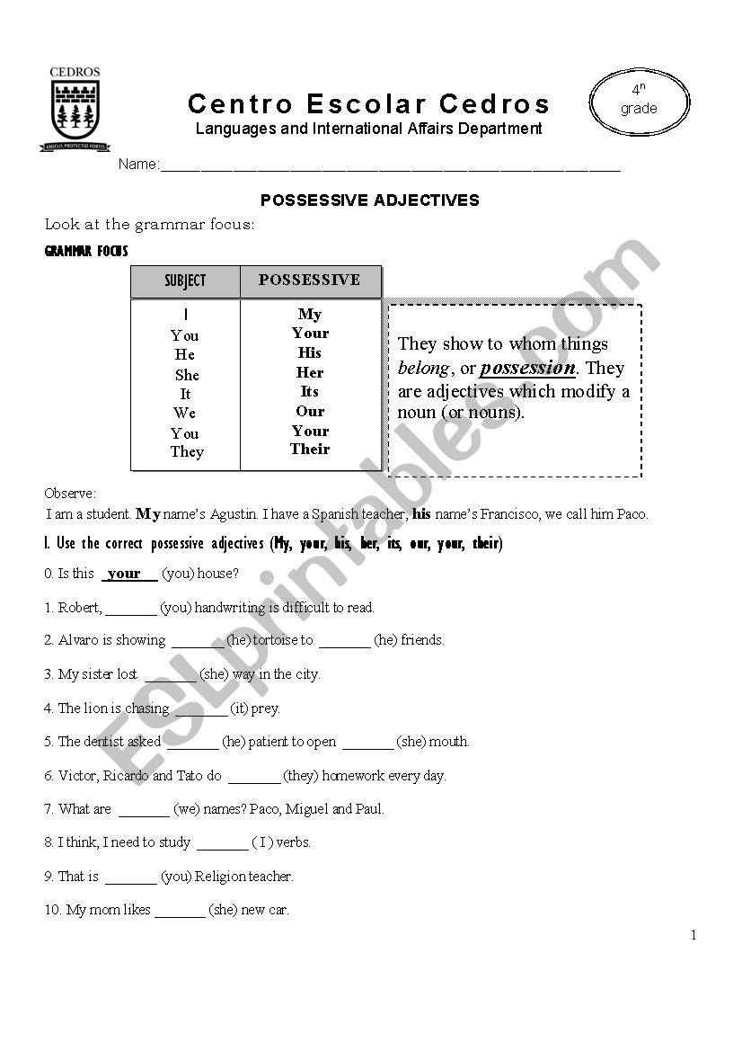 Possessive Ajectives worksheet