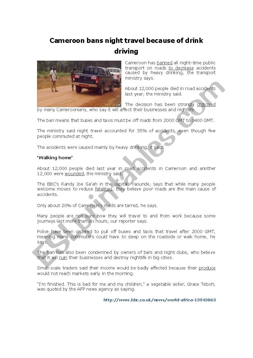 Cameroon bans night travel worksheet