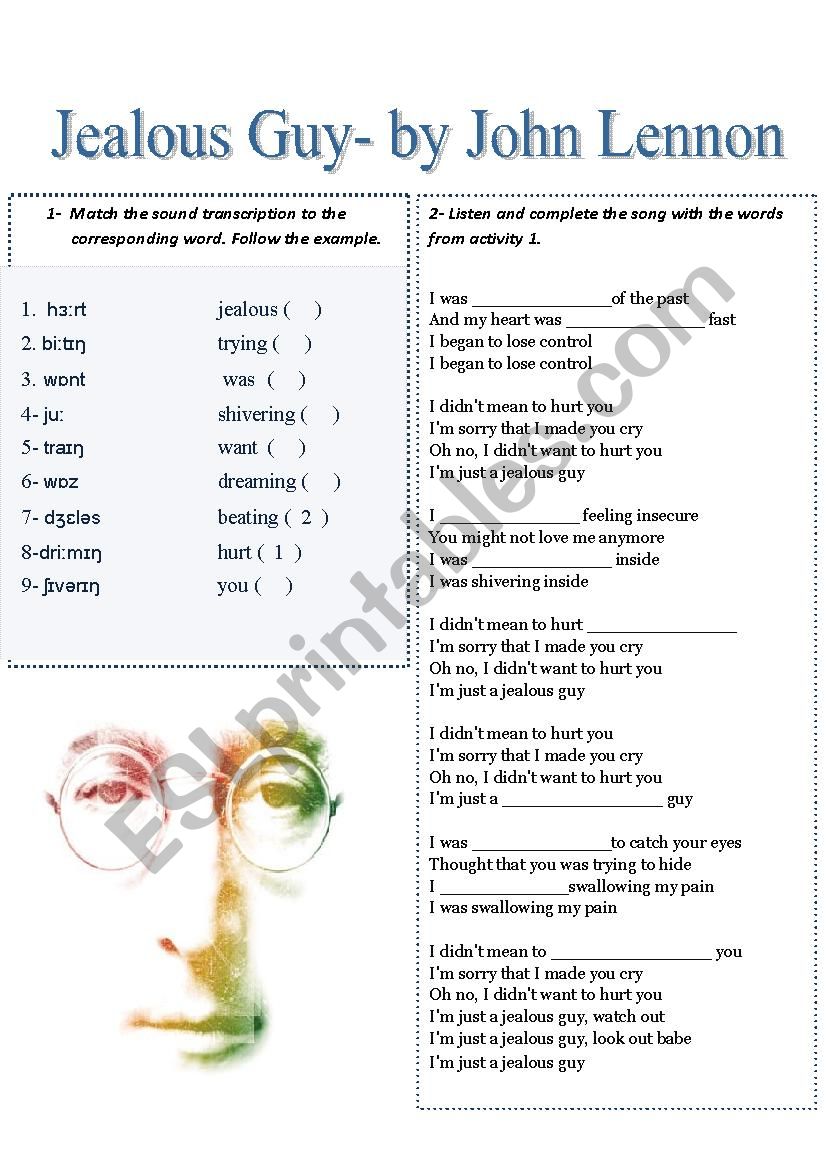 Jealous guy worksheet