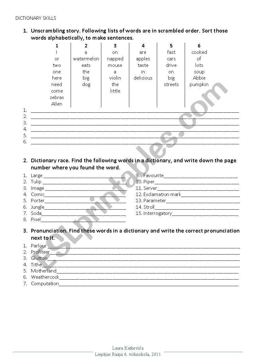 Dictionary Skills worksheet