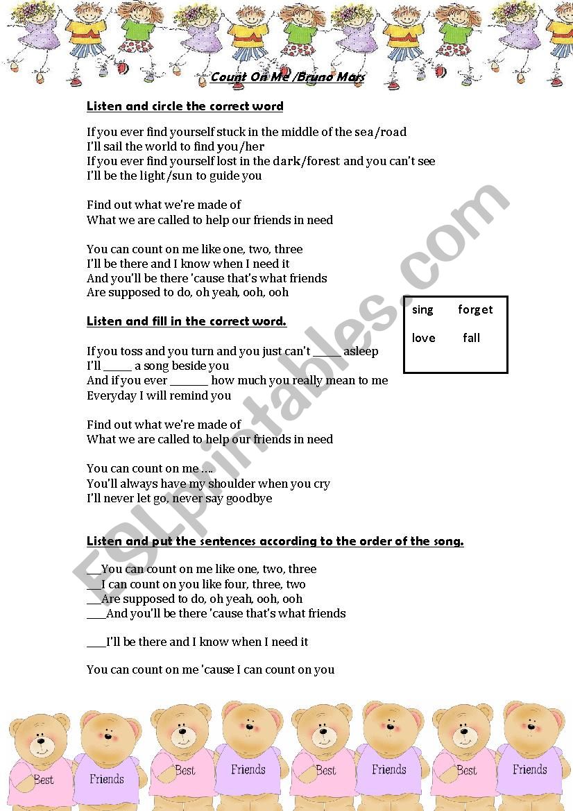 A song-Count on me worksheet