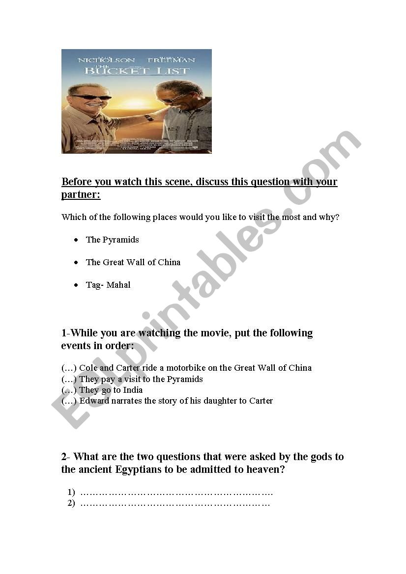 The Bucket List- Scene 3 worksheet