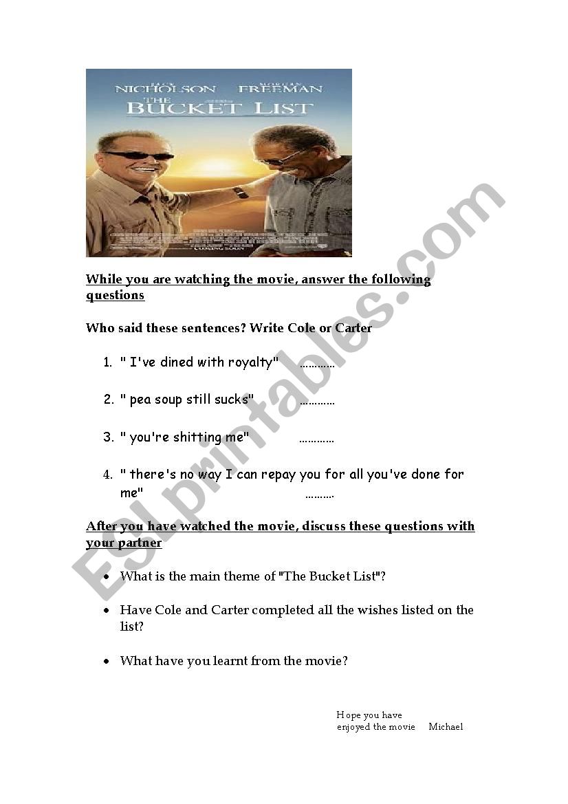 The Bucket List- Scene 4 worksheet