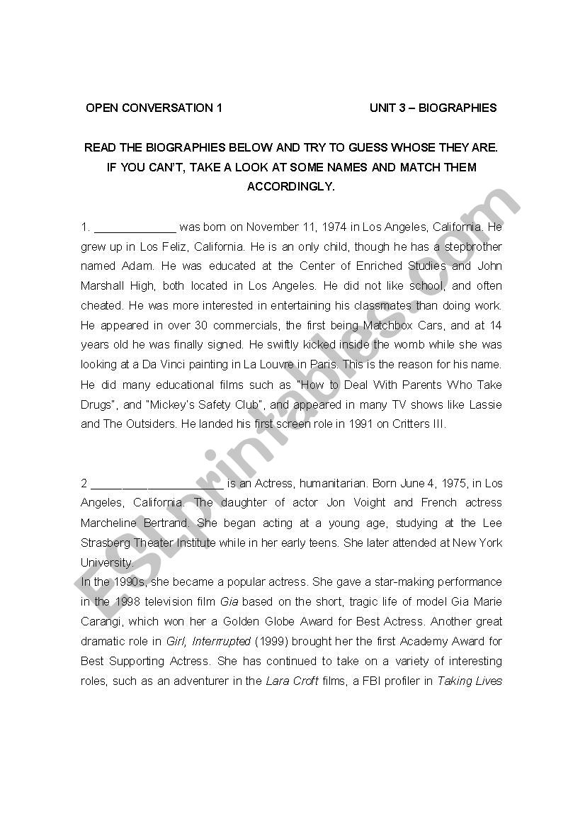 BIOGRAPHIES worksheet