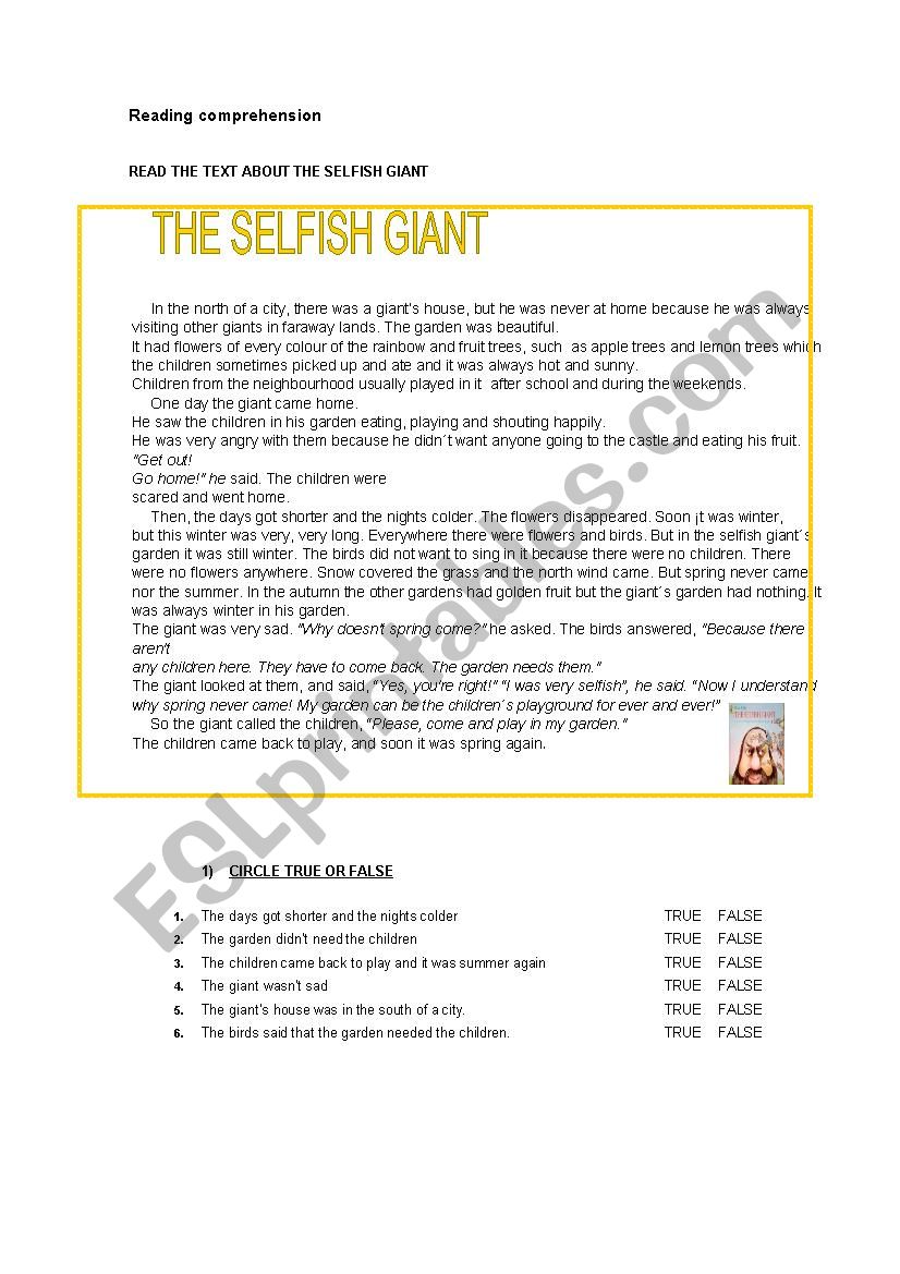 Reading comprehension. The selfish giant