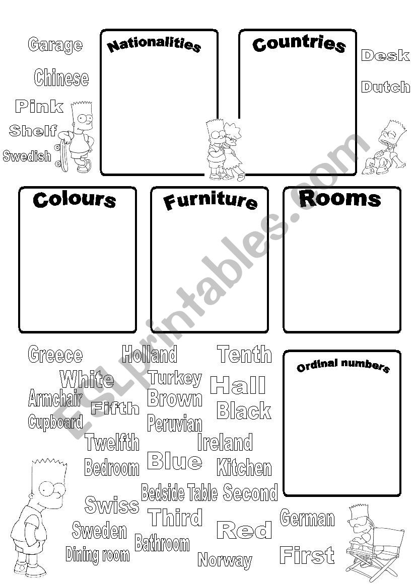 Vocabulary Practice: Nationalities, Countries, Colours, Furniture, Rooms, Ordinal Numbers