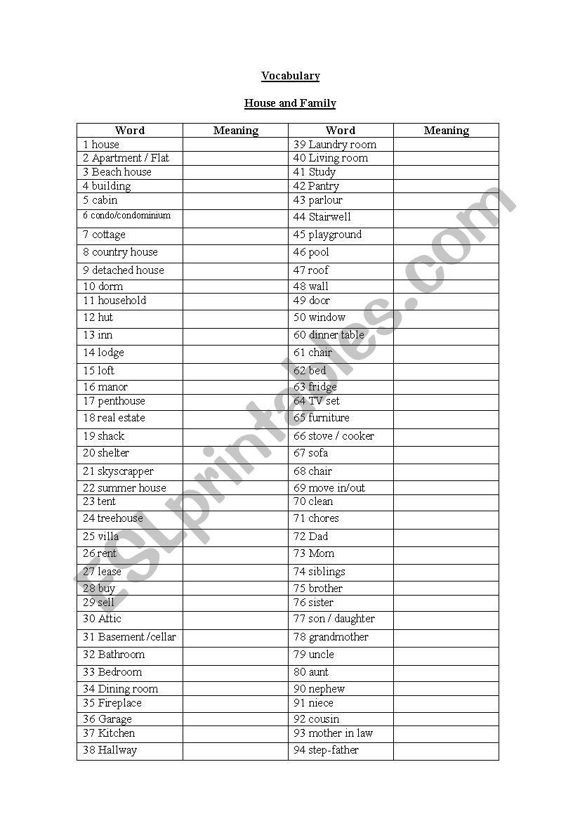 Vocabulary practice: Housing and family