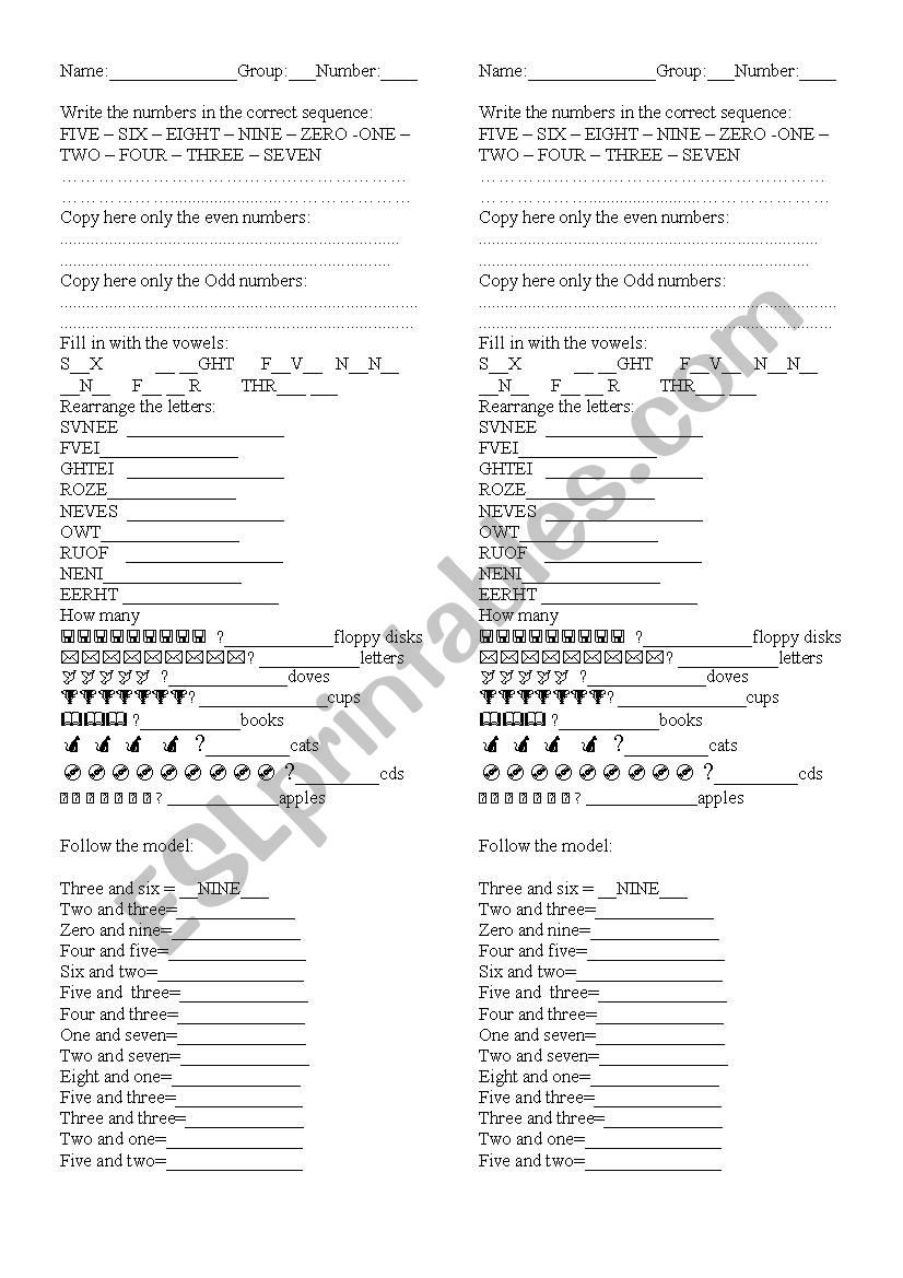 Numbers 0 to 9 worksheet